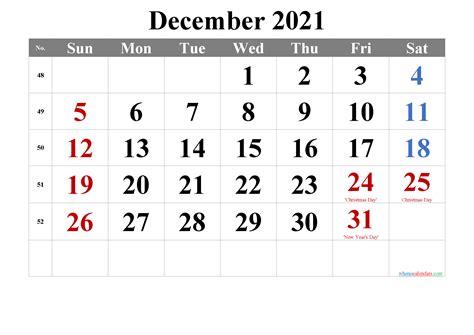 December 2021 Calendar With Holidays Printable Template Notr21m12
