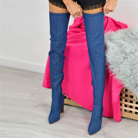 New Womens Ladies Denim Over The Knee Block Heels Boots Zip Shoes Size Uk 3 8