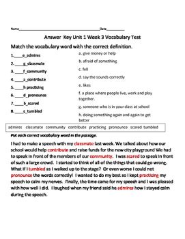 8 students' own answers 9 students' own answers. 3rd Grade Wonders Vocabulary Test Unit 1 Week 3 by Rush to ...