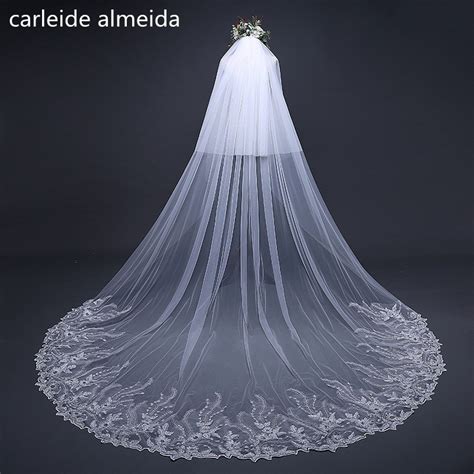 3m3m Length Cathedral Wedding Veil With Comb Lace Appliques Velos De