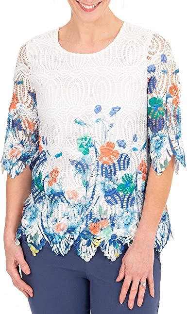 Anna Rose Womens Border Printed Lace Top With Round Neckline And Three