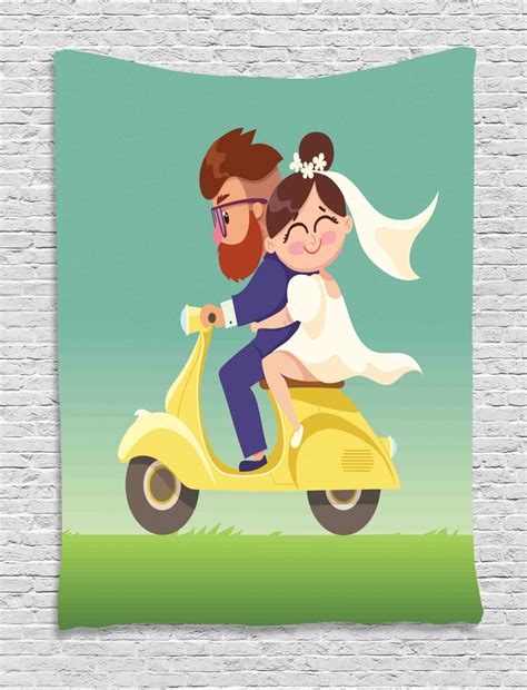 Wife Tapestry Romantic Happy Young Lovers Newlyweds Riding Scooter