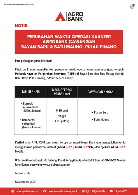 Malaysia swift codes has been assisting you in finding the reliable bank and branch where capital is sent to via bank wire transfer. Notis Perubahan Waktu Operasi Kaunter Agrobank Cawangan ...