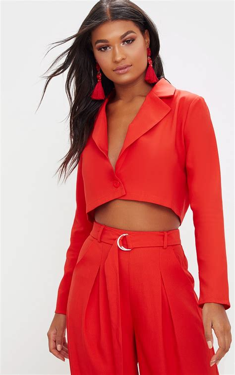 red cropped blazer coats and jackets prettylittlething