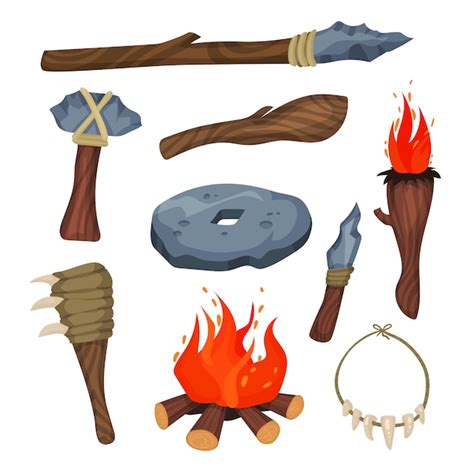 Premium Vector Stone Age Symbols Set Weapon And Tools Of Caveman