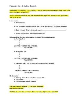 A persuasive speech is a speech that is given with the intention of convincing the audience to believe or do something. Persuasive Speech Outline Template | Speech outline ...
