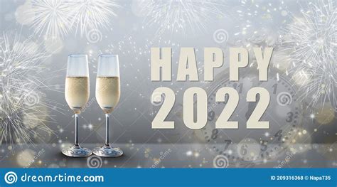New Year Celebration: Glasses Of Champagne And Happy 2022 Text. Stock