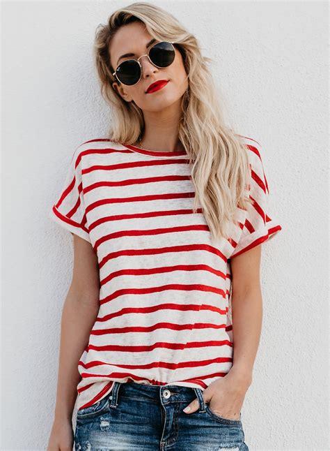 Casual Loose Striped Short Sleeve Round Neck Pullover Tee Shirt