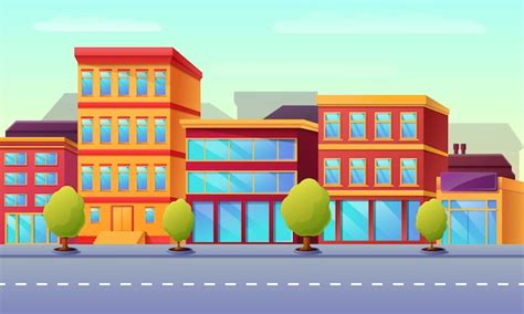 Cartoon Empty City Street With Buildings In The Morning Illustration