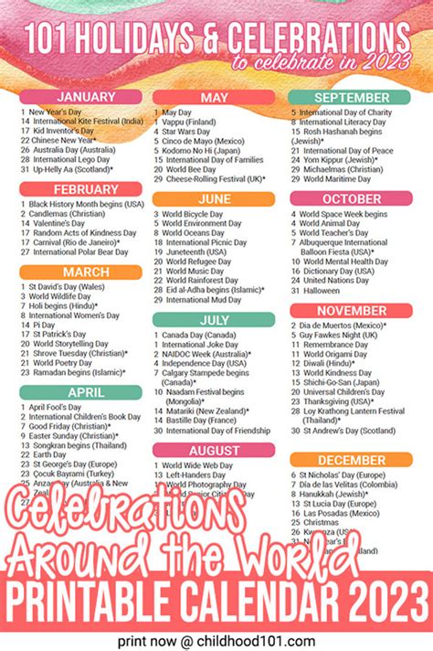 Printable Celebrations Around The World Calendar 2023 World Calendar