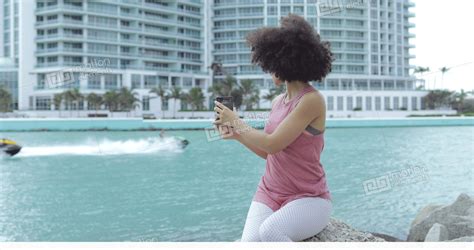 Casual Black Girl Taking Selfie On Embankment Stock Video Footage