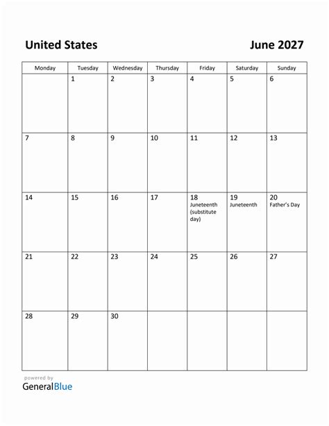 Free Printable June 2027 Calendar For United States