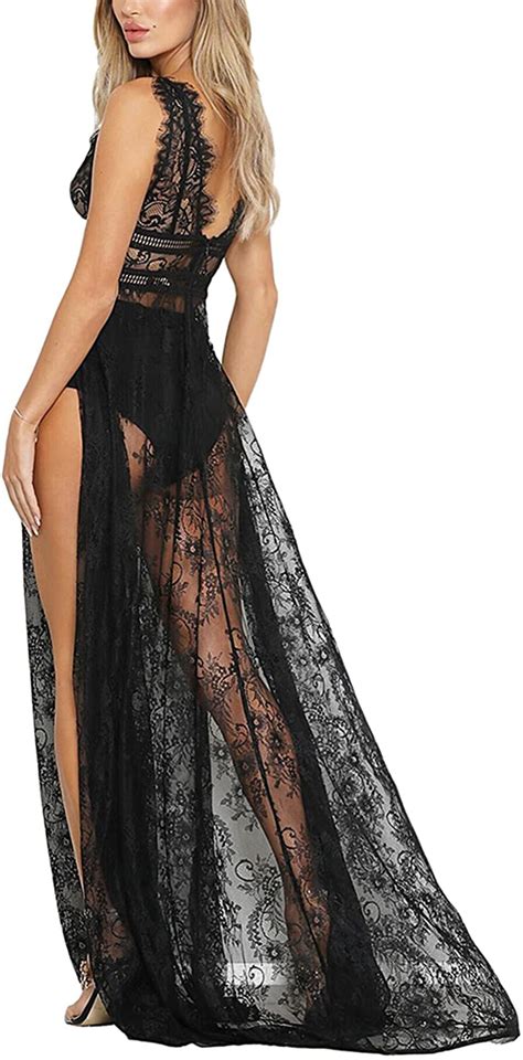 Womens Sexy See Through High Slit Long Maxi Lace Dress Etsy