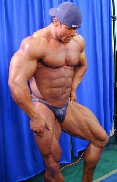 Bodybuilder Bulge Posing Trunks VPL Erik Fromm Bursting To Get Out In Shiny Purple Blue Pre