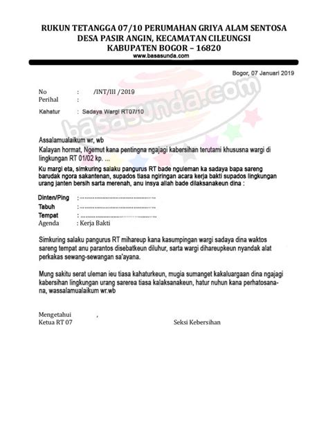 Setelah membuat undangan musyawarah rt selanjutnya yaitu ketika akan mengadakan kegiatan sebagai contoh kerja bakti, biasanya ketika akan melakukan kegiatan tersebut untuk lebih formalnya ketua rt akan diberikan surat undangan kerja bakti. Contoh Undangan Kerja Bakti - Ruang Soal