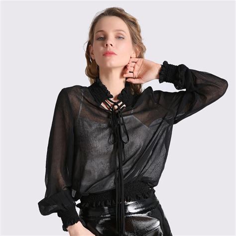 2018 Spring Sexy Chiffon Blouse Casual Black Transparent Womens Tops