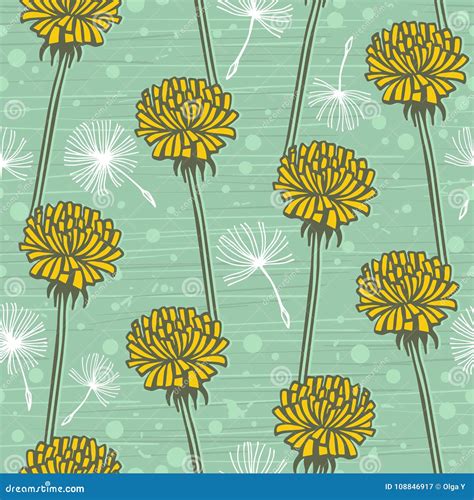 Doodle Hand Drawn Dandelion Flowers On Blue Vector Seamless
