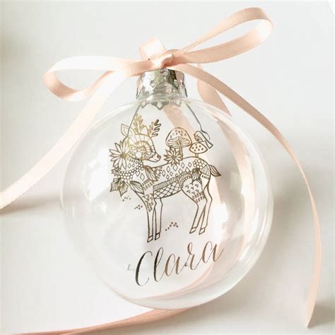 Deer Illustration With Personalised Name Glass Bauble By Coral And Moss