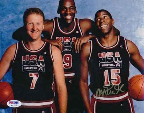 Magic Johnson Signed Team Usa 8x10 Photo With Michael Jordan And Larry
