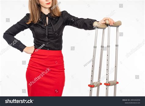Woman Looks Crutches Help Disabled People Stock Photo 2091042058