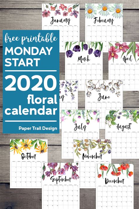 Free Printable 2020 Monday Start Calendar Floral Paper Trail Design