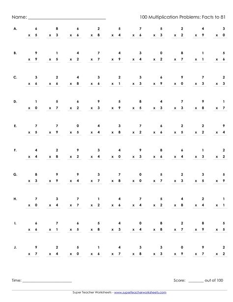 Printable Multiplication Worksheets 100 Problems Math S Free