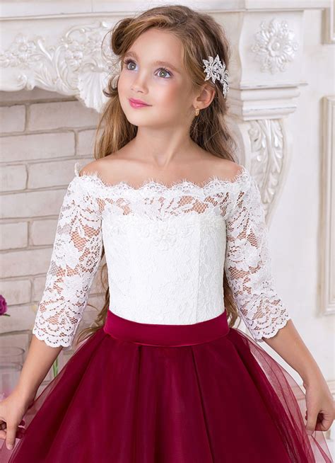 Ivory Flower Girl Dress Tulle Dress A Line Lace Flower Girl Burgundy 2