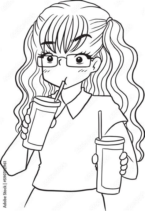 Girl Sucking Water Cartoon Doodle Kawaii Anime Coloring Page Cute Illustration Drawing Clip Art