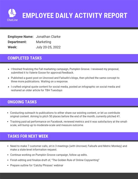 Purple Employee Daily Activity Report Venngage