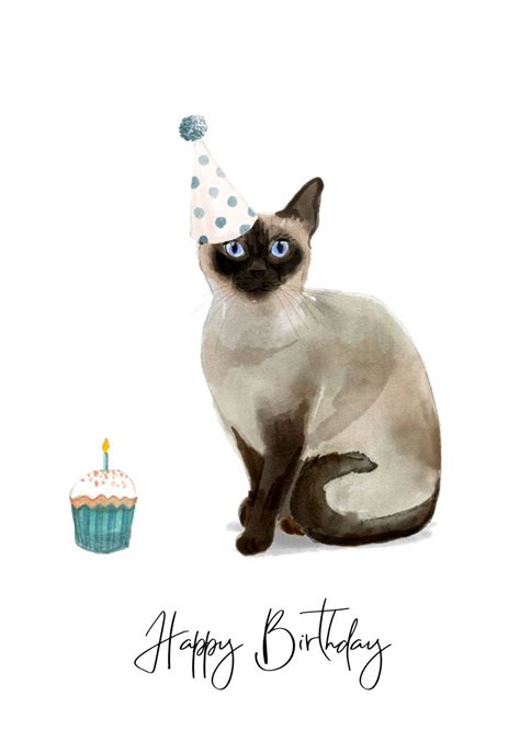 Siamese Cat Birthday Card Print At Home Digital Item Etsy