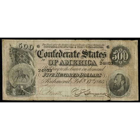 1864 500 Five Hundred Dollars Confederate States Of America Richmond
