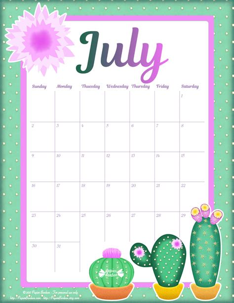 July Monthly Calendar Printable