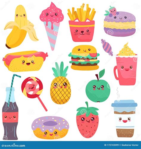 Isolated Icons Of Food Cartoon Characters Vector Illustration