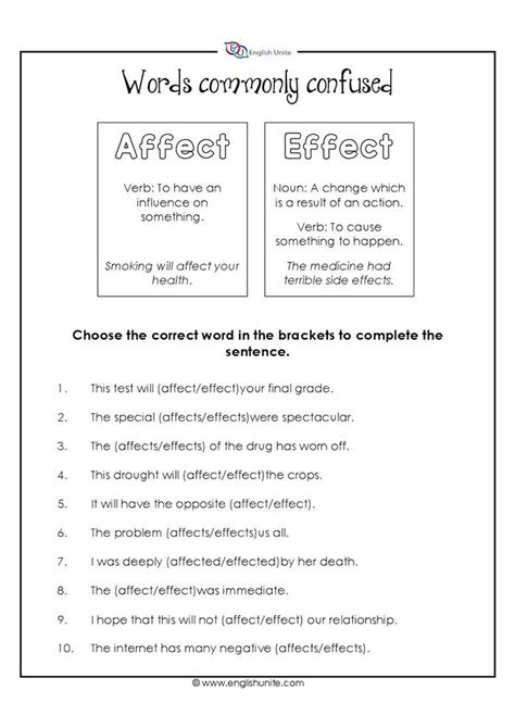 Words Often Confused Affect And Effect In 2020 Words Printable