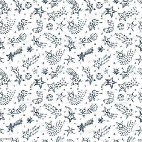 Hand Drawn Doodle Stars Comets Seamless Pattern Starry Sky Background