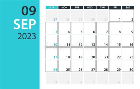 September 2023 Calendar Planner Vector Template Mock Up Stock