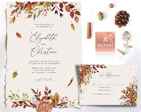 Sienna Rustic Fall Wedding Invitation Template Autumn Etsy Fall