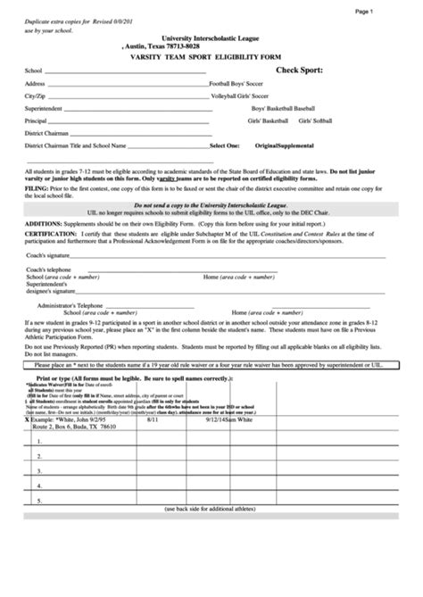 Fillable Individual Varsity Sport Eligibility Form Printable Pdf Download