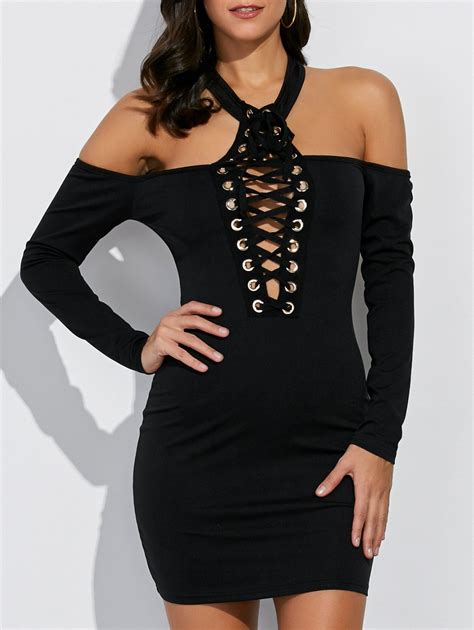 [40 off] cold shoulder lace up bodycon halter club dress rosegal