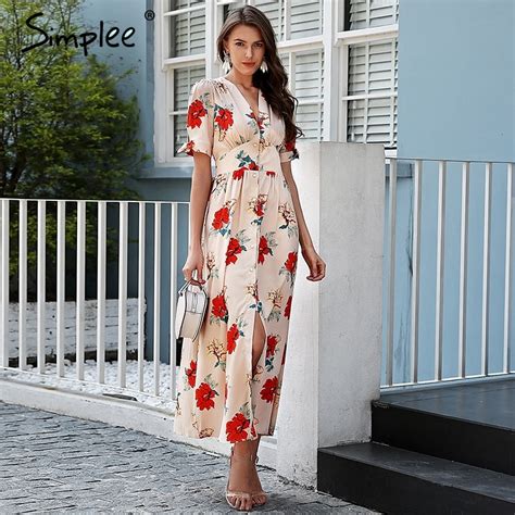 Simplee Floral Print Summer Dress Long V Neck Knotted Short Sleeve Maxi