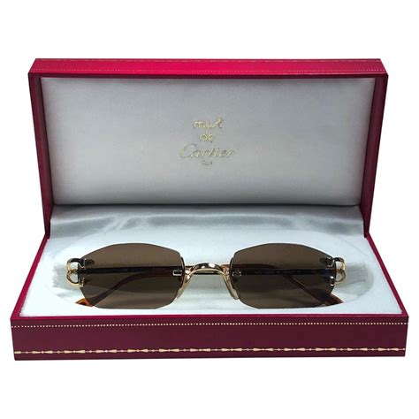 New Vintage Cartier Capri Gold Plated 18k Rimless Brown Lens France Sunglasses For Sale At