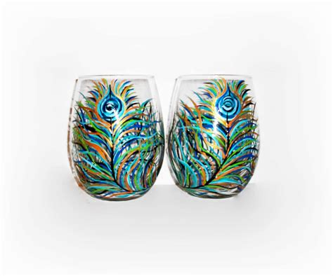 Peacock Feathers Hand Painted Stemless Wine Glasses Set Of 2 Etsy