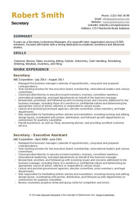 Resume Templates For Secretary Position