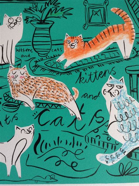Detail Of Cats And Kittens By Katie Stone Screenprint Ink And Pencil