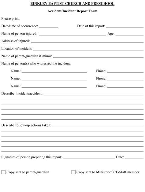 Accidentincident Report Form Binkley Baptist Church And
