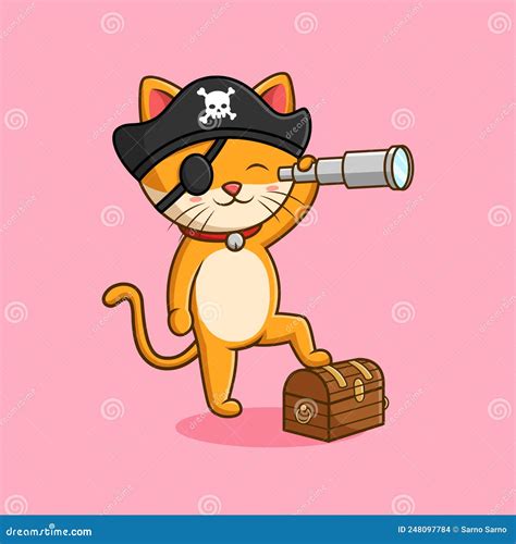 Cute Cat Cartoon Wearing Pirate Costume Stock Illustration
