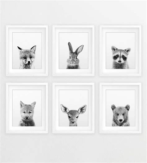 Woodland Nursery Decor Black White Baby Animals Set 6 Bunny Print Fox Bear Deer Baby Animal