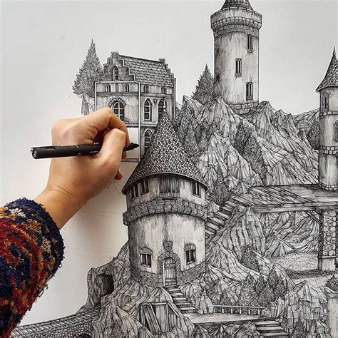 Artist Creates Detailed Pen and Ink Drawings of Imaginary Landscapes