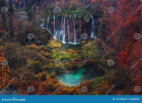 Beautiful Waterfall Autumn In Plitvice National Park Croatia Stock