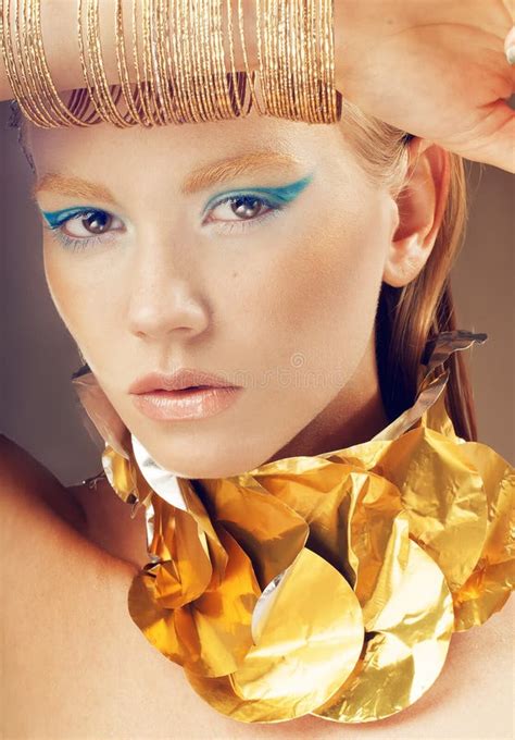 Fashion Portrait Of Glamour Model Girl With Blue And Golden Make Stock